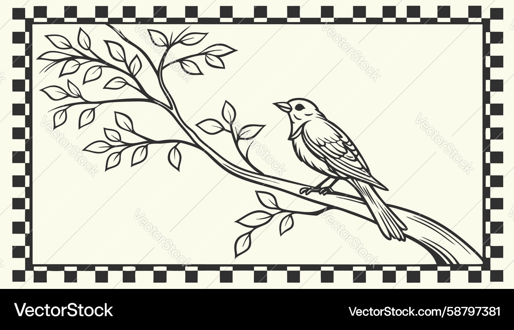 Charming rectangular frame with bird on branch Vector Image