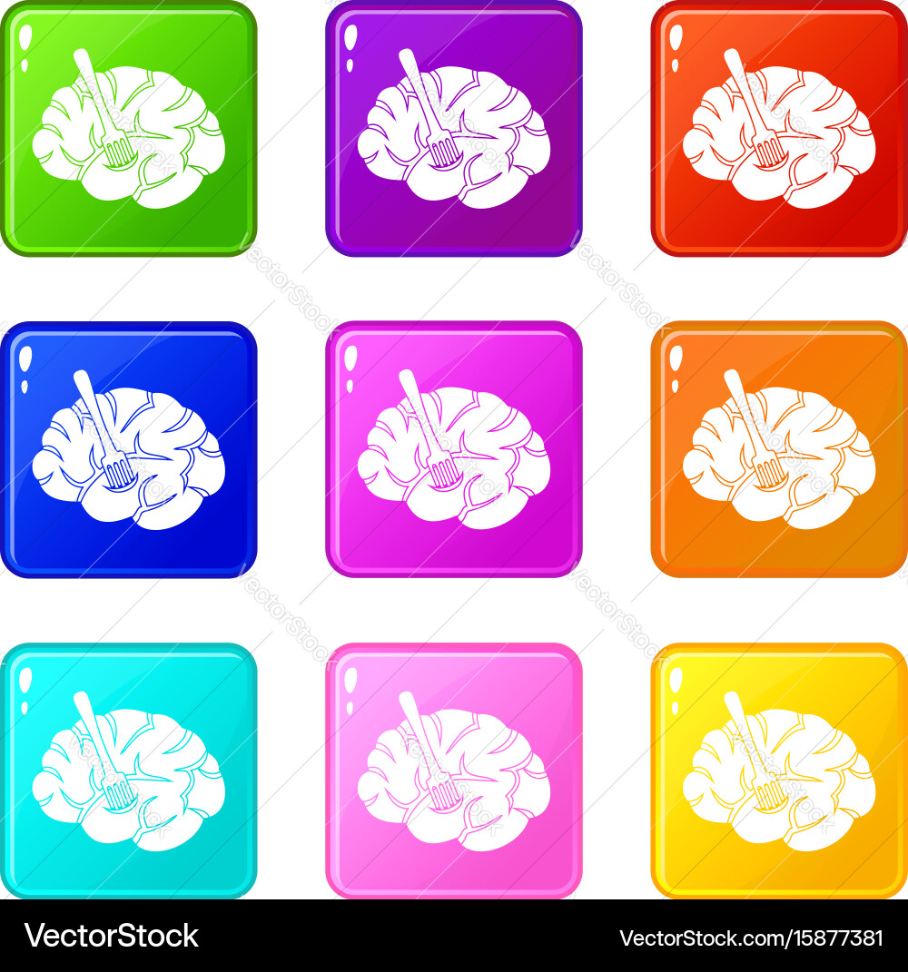 Fork is inserted into the brain icons 9 set Vector Image