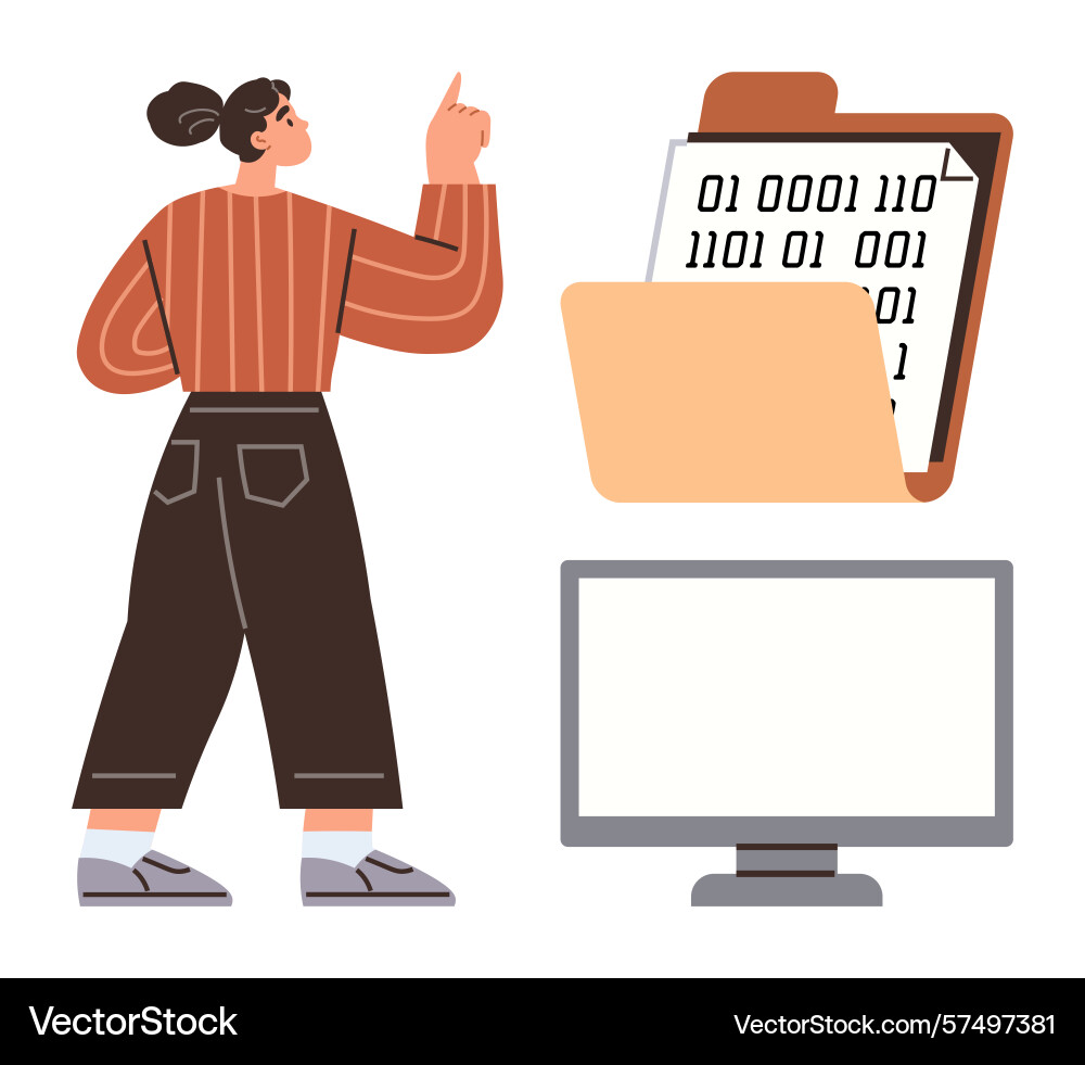 Woman analyzing binary data files with computer Woman analyzing binary data files with computer vector image