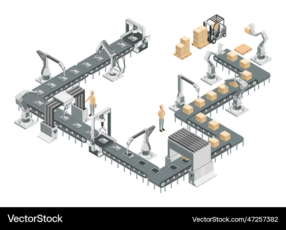 Robotic assembly line in an automated factory Robotic assembly line in an automated factory vector image