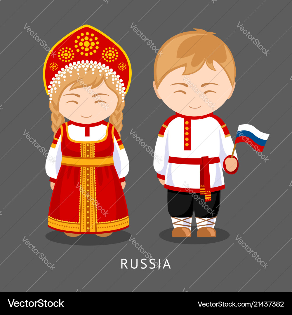 Russians in national dress with a flag