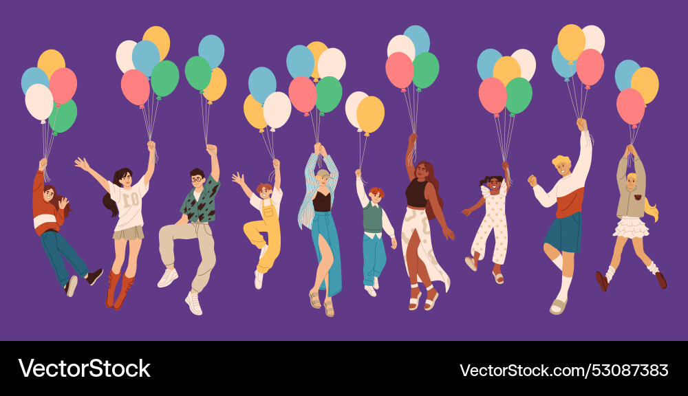 People with balloons happy characters flying People with balloons happy characters flying vector image