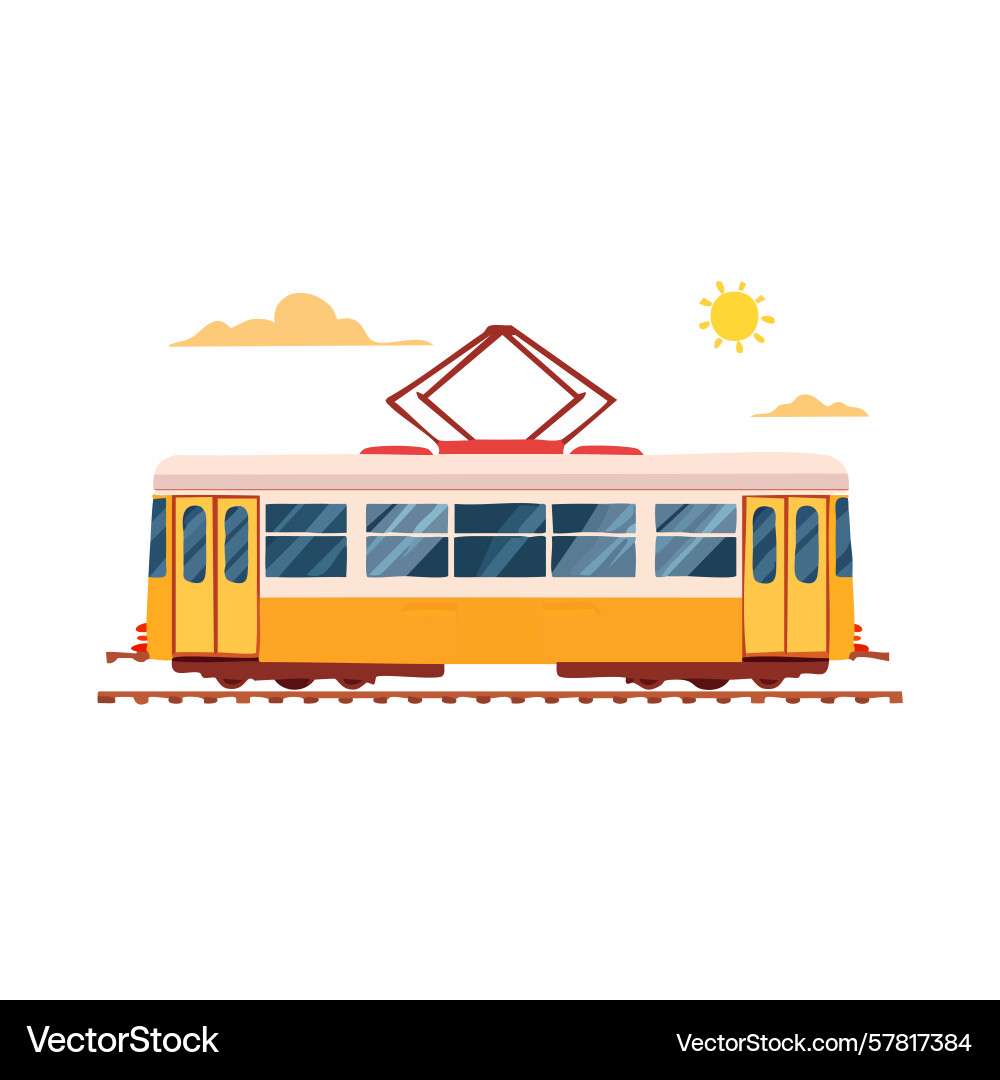 Charming yellow tram on rails with sun and clouds Charming yellow tram on rails with sun and clouds Vector Image