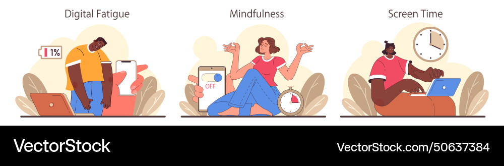 Digital detox set characters practicing Digital detox set characters practicing Vector Image