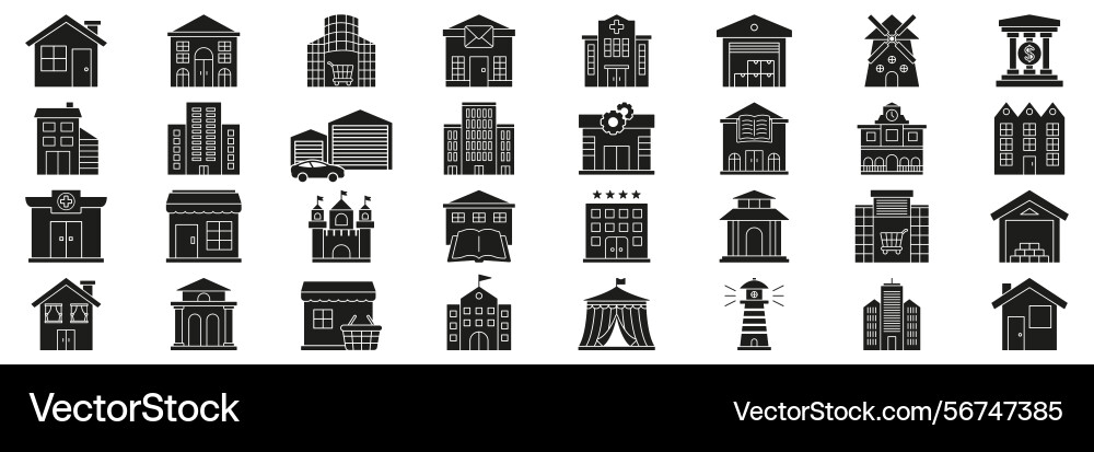 Building and architecture solid icon set diverse Building and architecture solid icon set diverse Vector Image