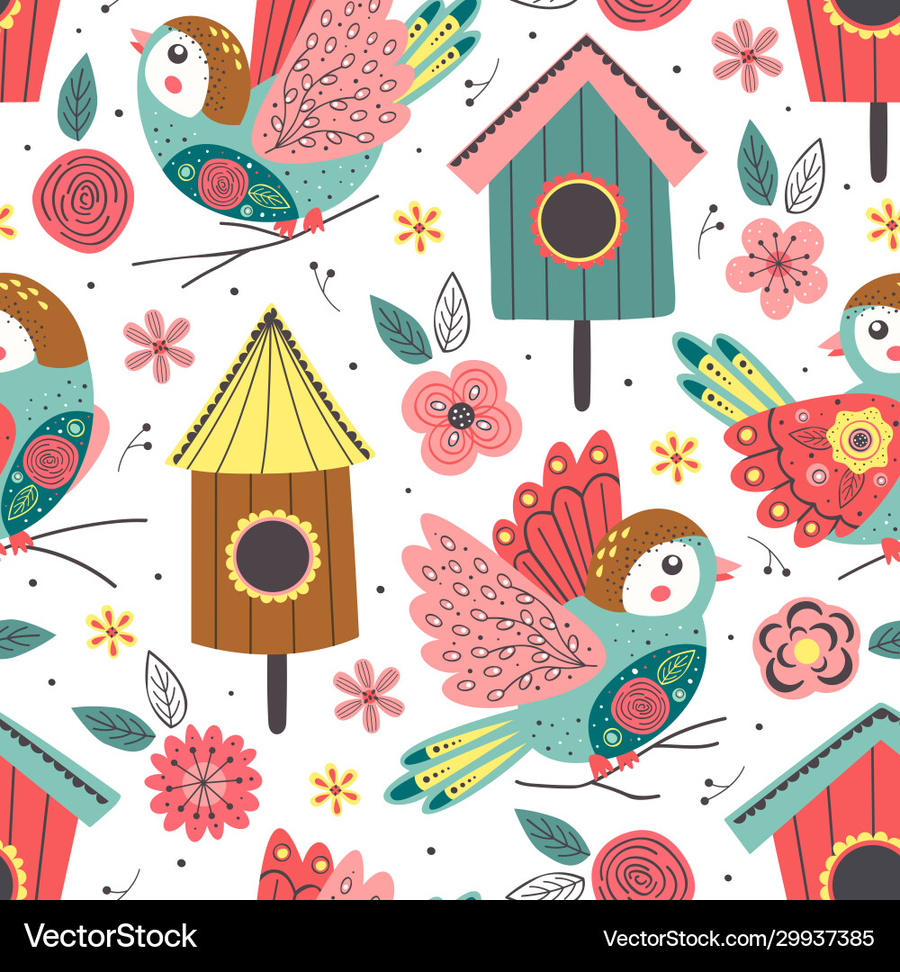 Charming Birds & Birdhouses Pattern vector image
