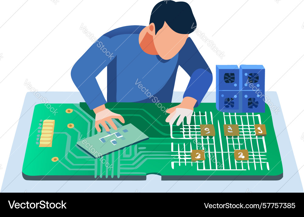 Engineer working on circuit board with modern Vector Image