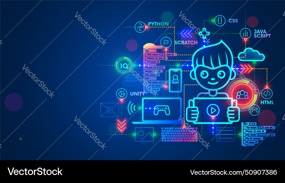 Kid programmer learn coding on computer tablet vector image