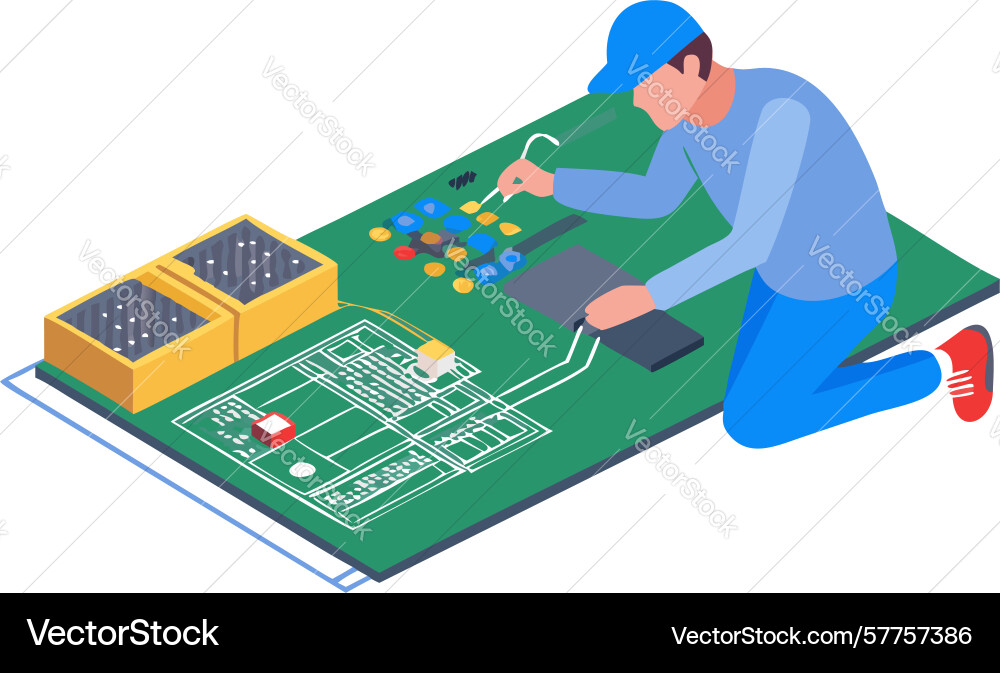 Technician debugging or repairing a complex vector image