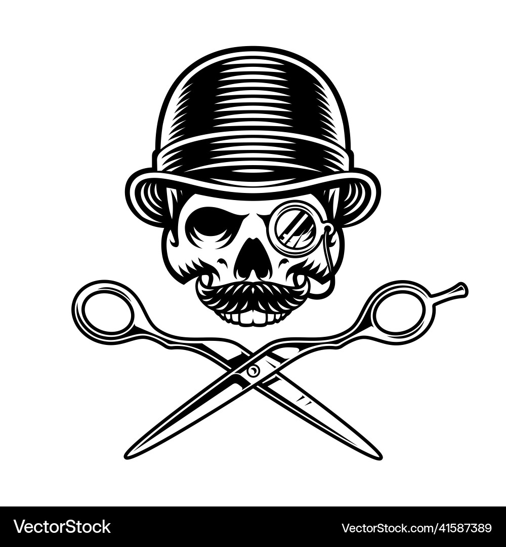 Skull Barber with Monocle & Scissors Vector Image