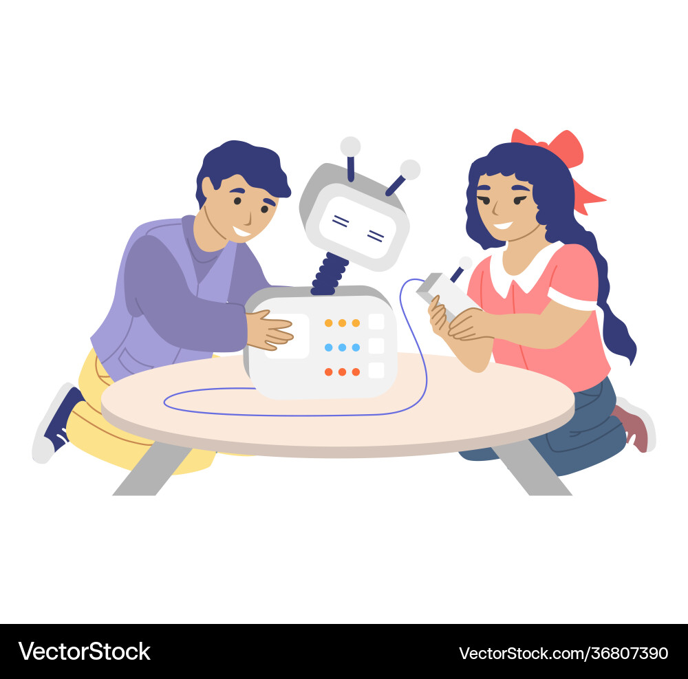 Happy children playing with robot toy programming Vector Image