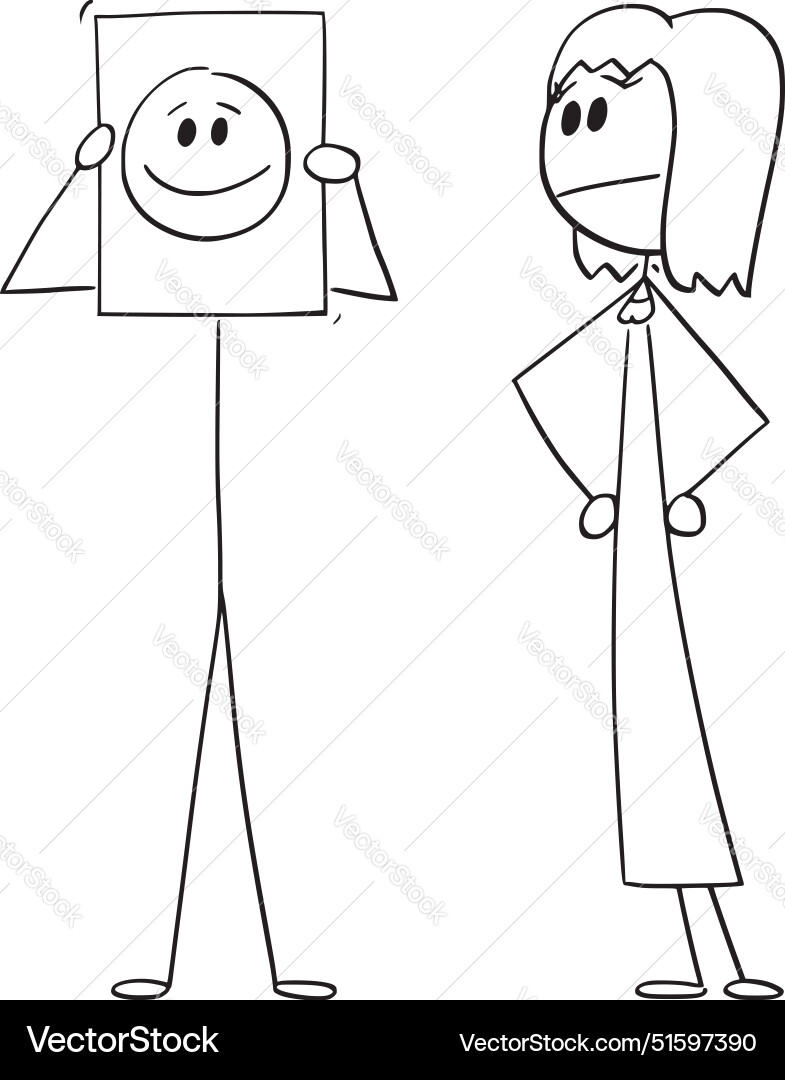 Man hiding real emotion by smiling cartoon stick Man hiding real emotion by smiling cartoon stick vector image