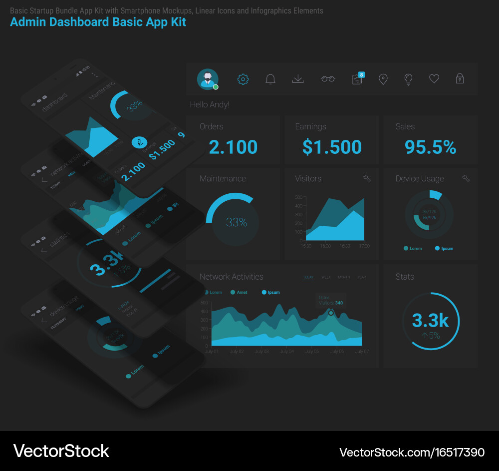 Modern Admin Dashboard Mobile UI Kit vector image