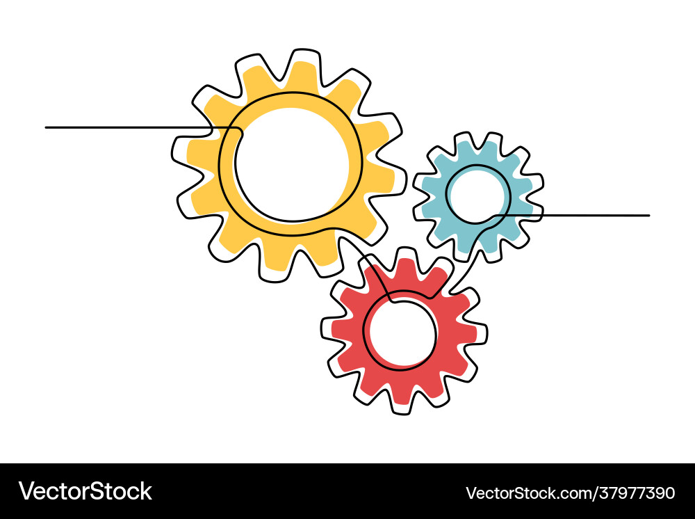 Moving gears wheels in one continuous line drawing Moving gears wheels in one continuous line drawing vector image