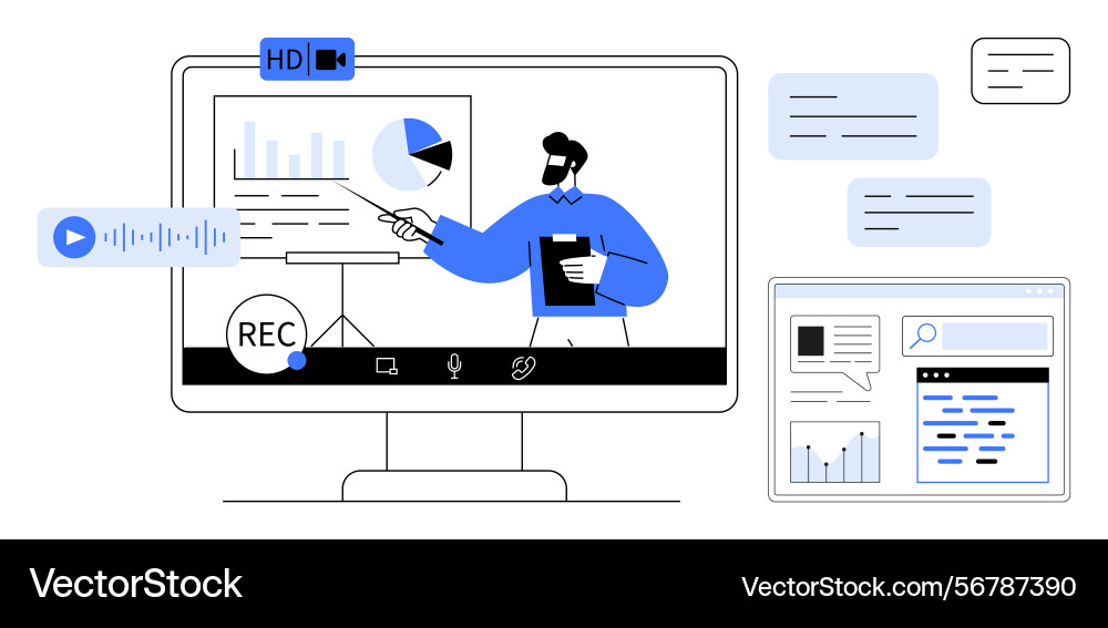 Virtual presentation with analytics and recording Virtual presentation with analytics and recording vector image