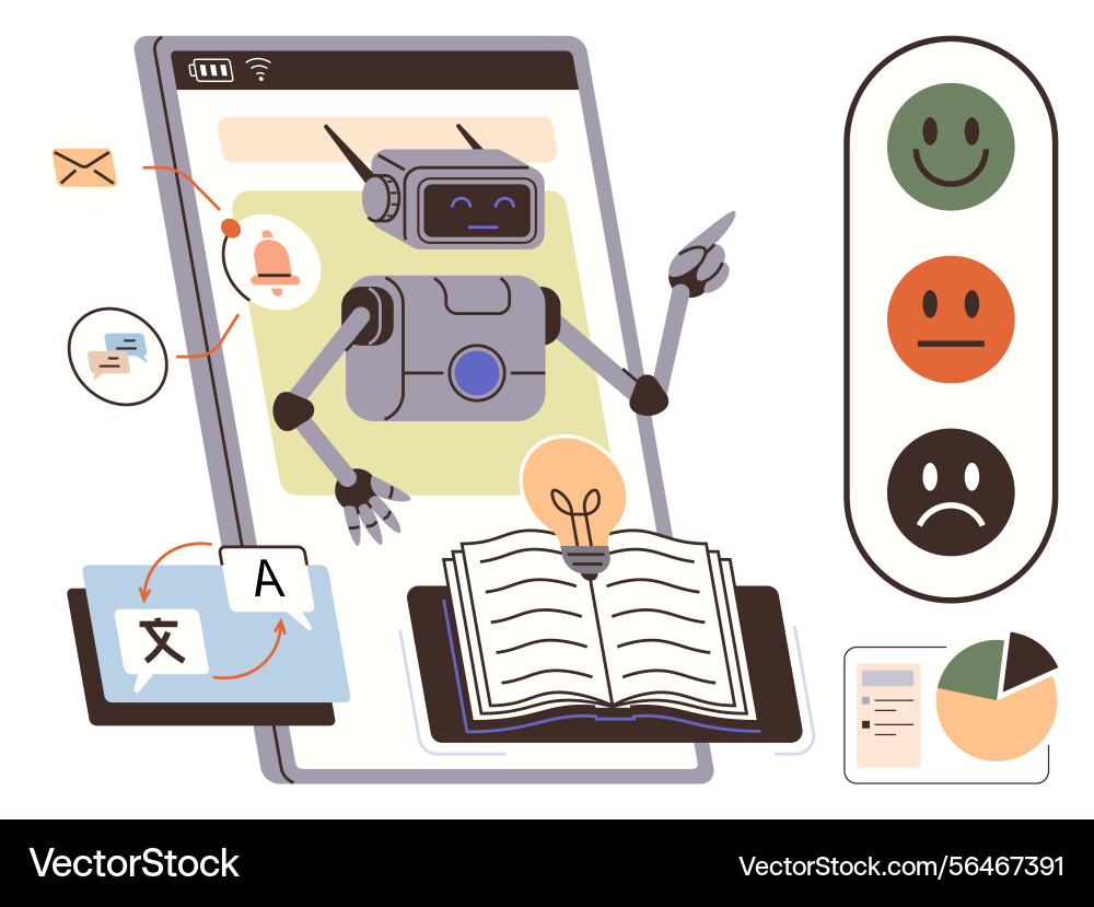 Ai robot assisting with translation learning Ai robot assisting with translation learning Vector Image