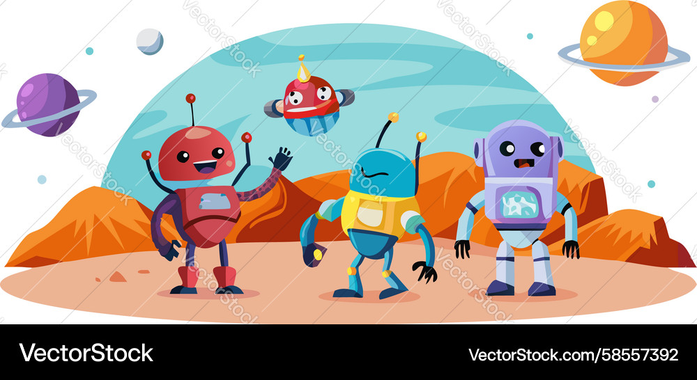 Robots Exploring Mars - Sci-Fi Scene Vector Image