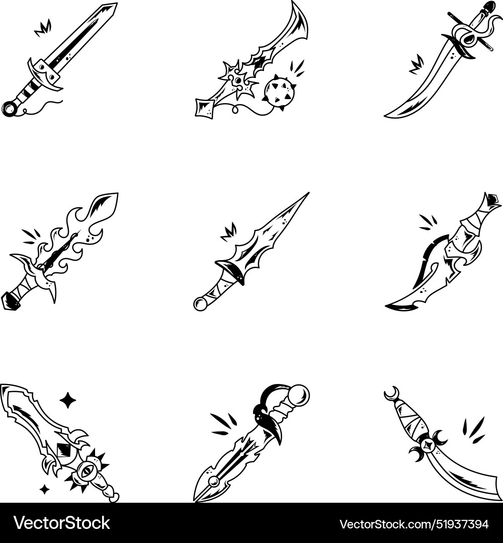 Bundle of game swords linear icons Vector Image