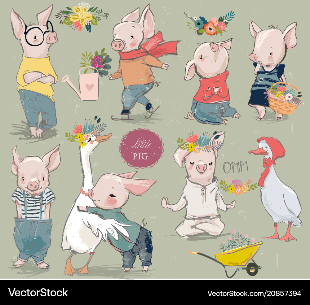 Cute Piggy and Duck Cartoon Set Vector Image