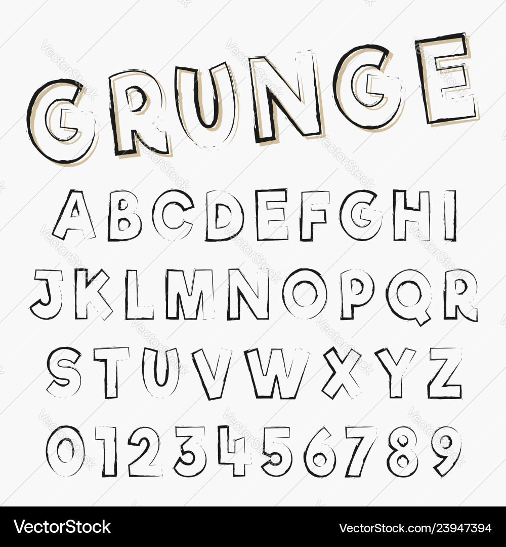 Grunge alphabet font template letters and numbers