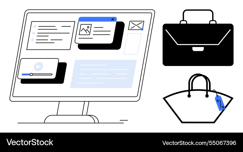 Computer screen with open windows briefcase Computer screen with open windows briefcase Vector Image