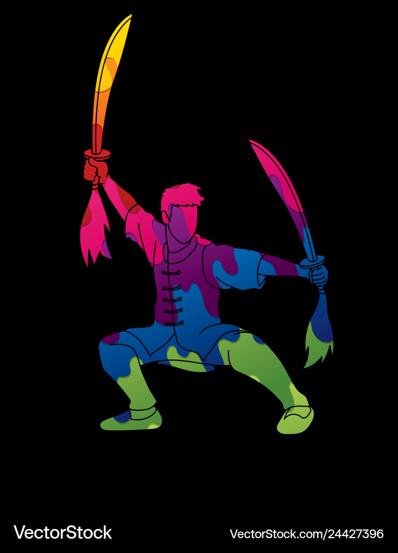 Man with swords action kung fu pose Man with swords action kung fu pose vector image