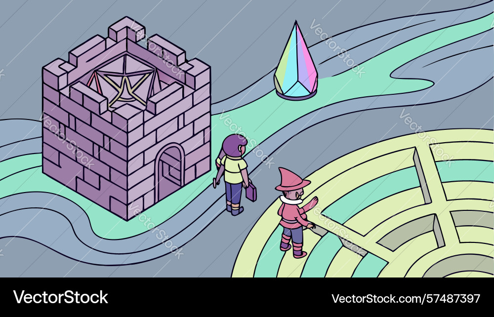 Figures exploring a surreal floating cube design vector image
