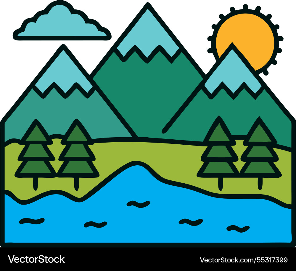Alpine mountain range with pine trees icon Vector Image