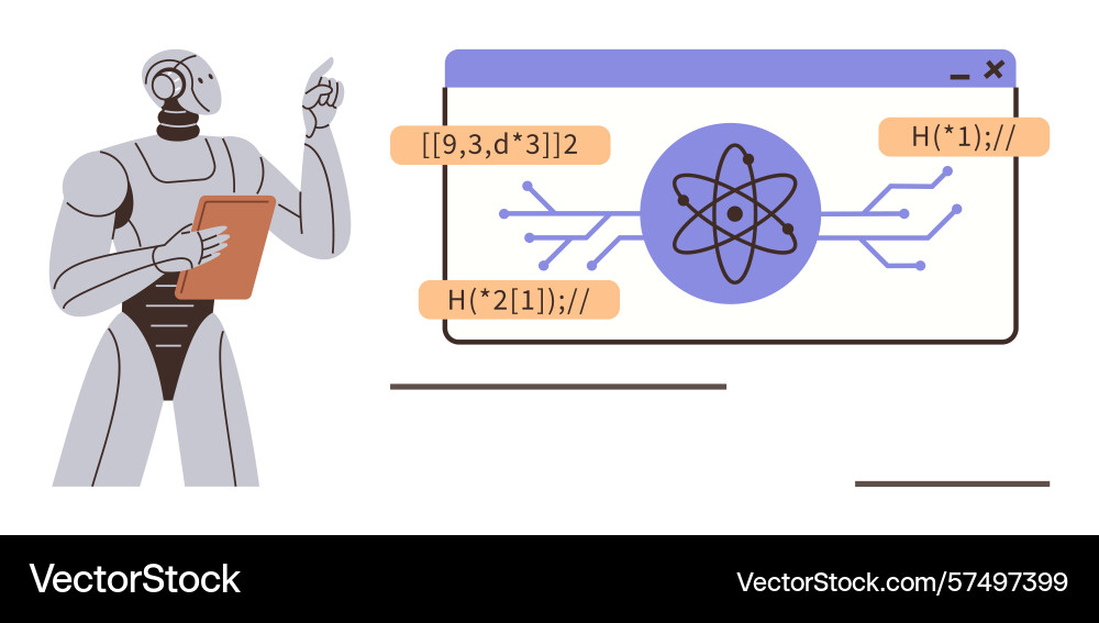 Robot analyzing data on tablet next to atomic Robot analyzing data on tablet next to atomic vector image