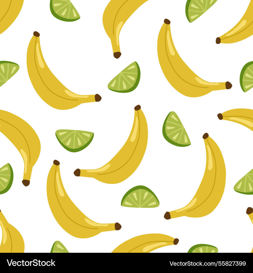 Seamless pattern with large bananas and lime Seamless pattern with large bananas and lime Vector Image
