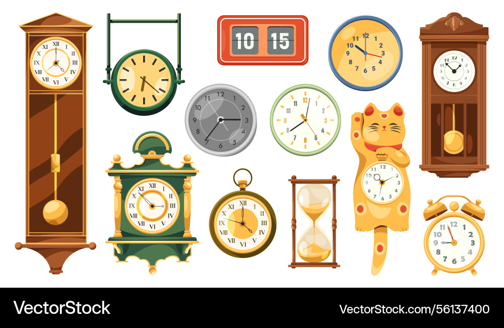 Set of retro and modern clocks time device Set of retro and modern clocks time device vector image