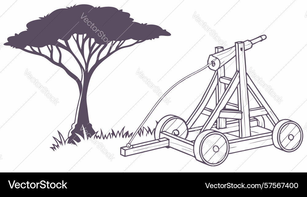 Skeletal tree with trebuchet blueprint abstract Vector Image