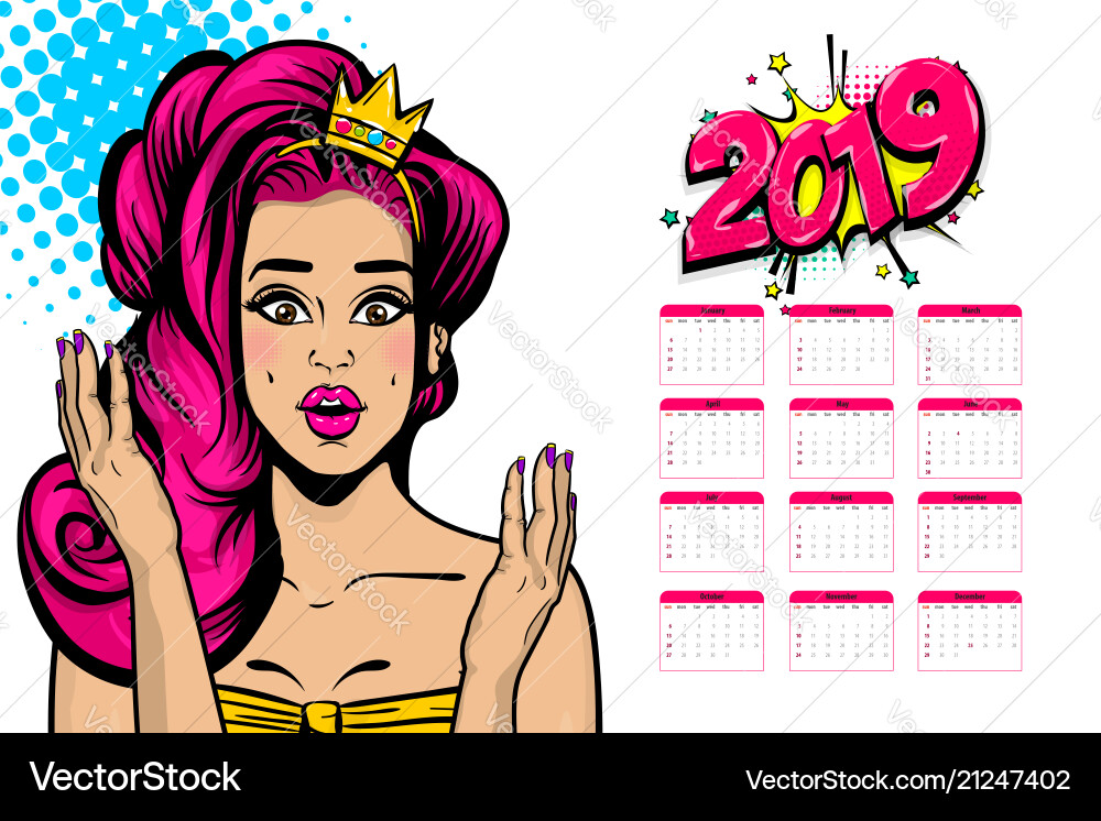 2019 calendar sexy woman pop art 2019 calendar sexy woman pop art vector image