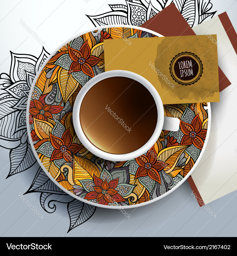 Cup of coffee business cards and ornaments Vector Image
