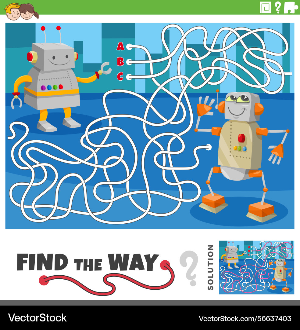Maze activity game with two cartoon robots Maze activity game with two cartoon robots vector image
