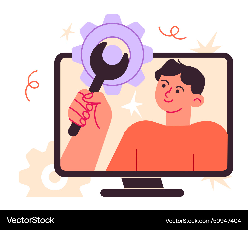 Man with wrench computer monitor screen Man with wrench computer monitor screen vector image