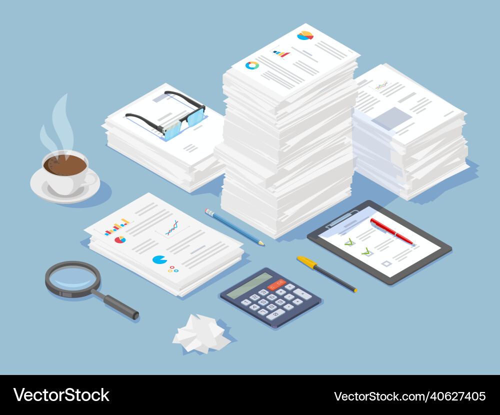 Large stack of complex paper documents magnifier Large stack of complex paper documents magnifier vector image