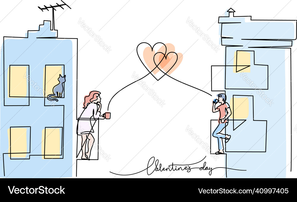 Man and woman standing on balcony drinking tea Vector Image
