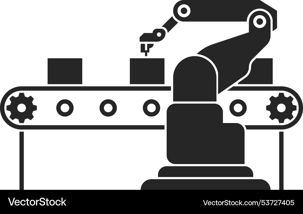 Roboterarm auf Produktionslinie Gürtel schwarz Ikone Roboterarm auf Produktionslinie Gürtel schwarz Ikone vektorbild