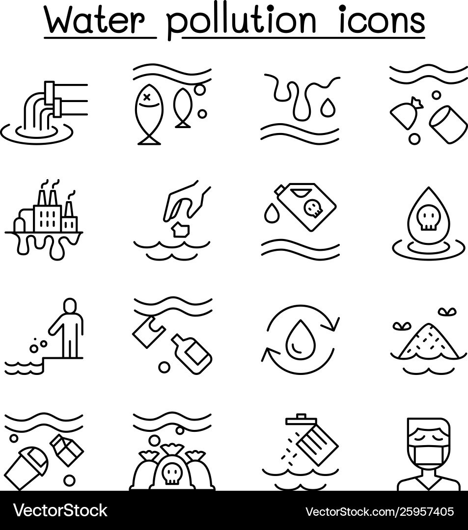 Water pollution ecology problem icon set in thin Vector Image