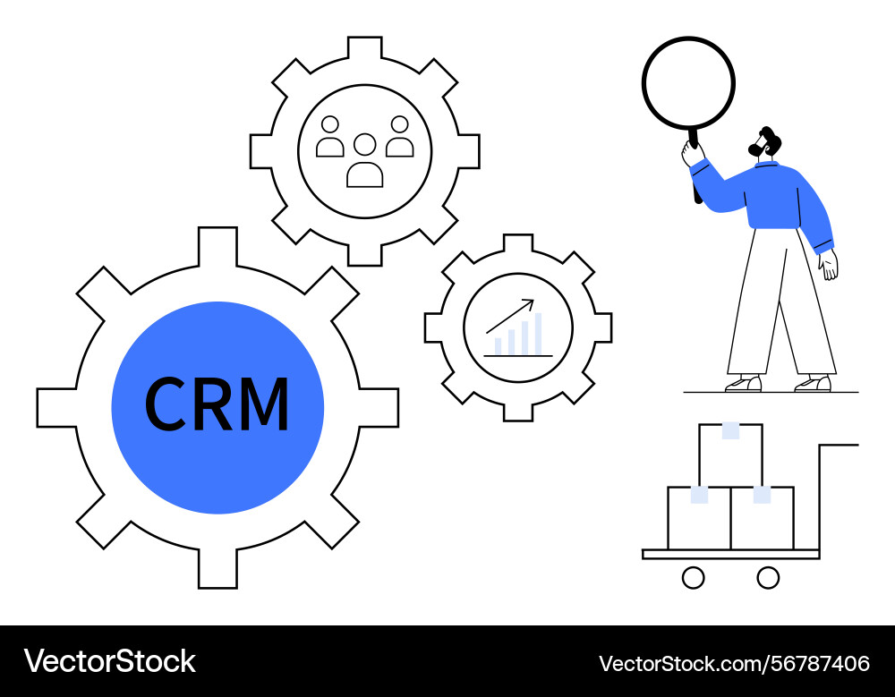 Crm process with gears highlighting analytics Crm process with gears highlighting analytics vector image