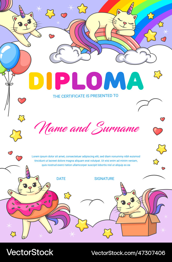 Kids diploma cartoon funny caticorns on rainbow Kids diploma cartoon funny caticorns on rainbow vector image