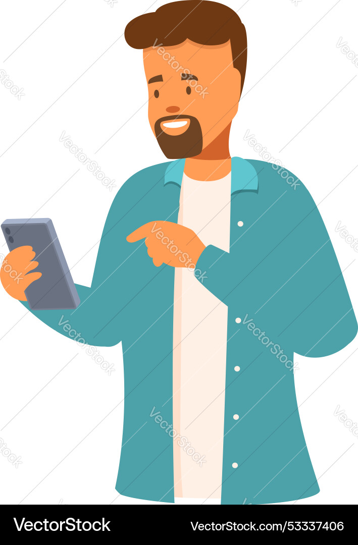 Smiling bearded man using his smartphone browsing Smiling bearded man using his smartphone browsing vector image
