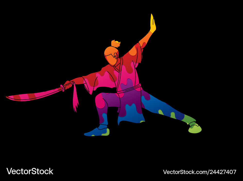 Man with sword action kung fu pose vector image