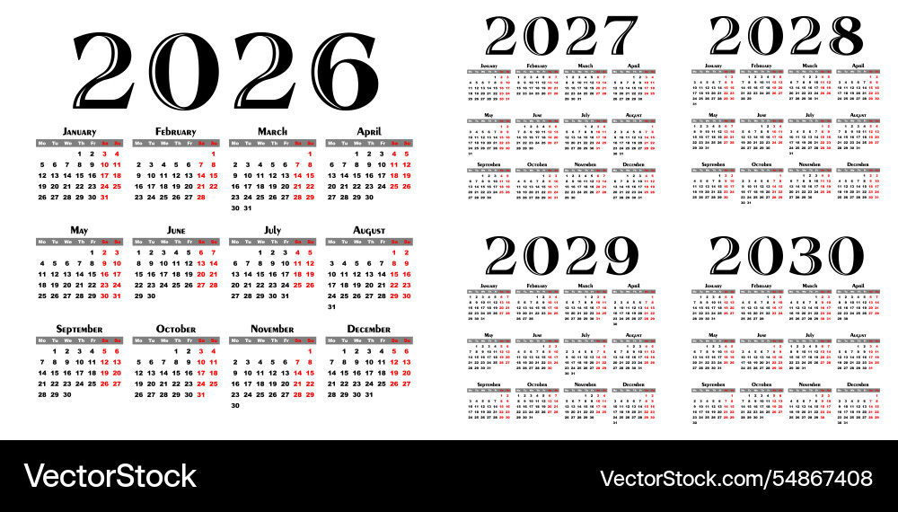 Calendar templates for a year 2026 - 2030 Vector Image