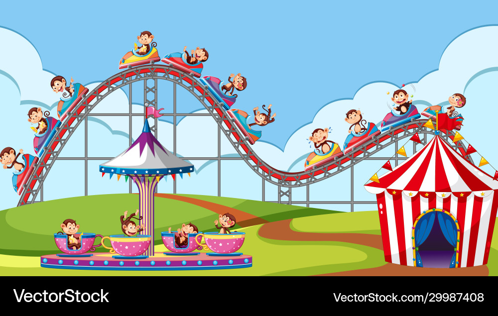 Scene with monkeys riding on roller coaster Scene with monkeys riding on roller coaster vector image