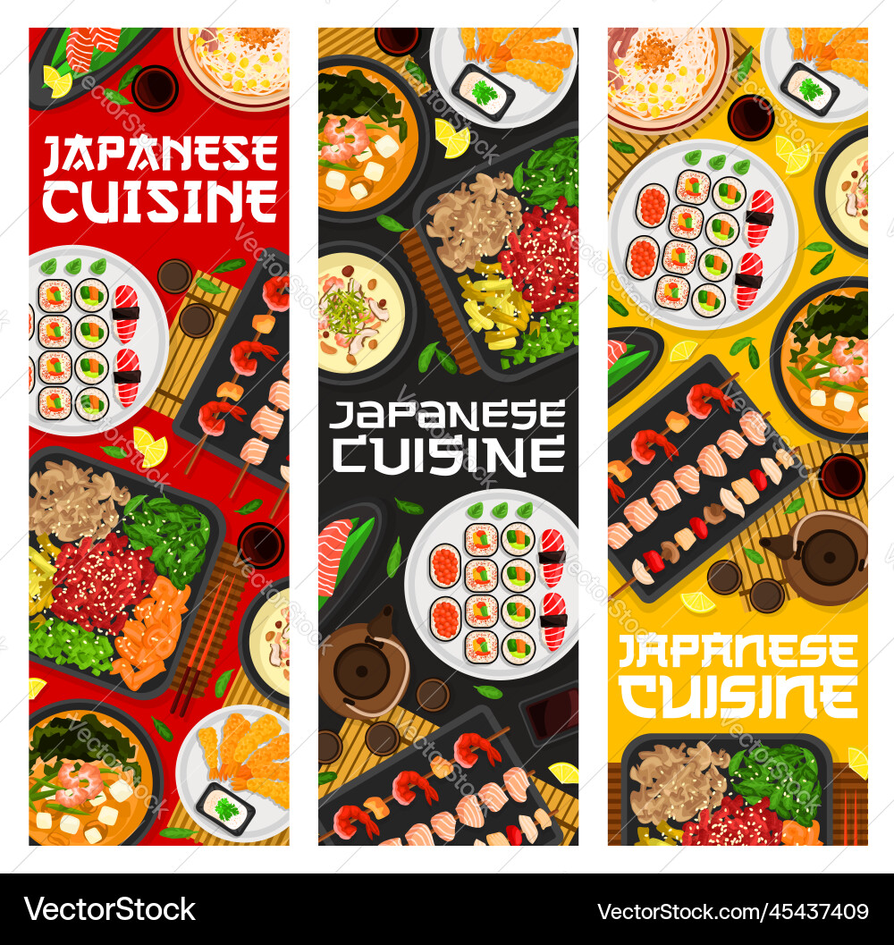 Japanese cuisine meals banners japan food dishes Japanese cuisine meals banners japan food dishes vector image