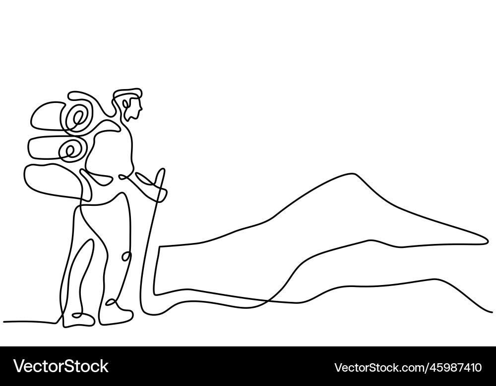 Continuous line drawing people hiking on mountain Continuous line drawing people hiking on mountain vector image