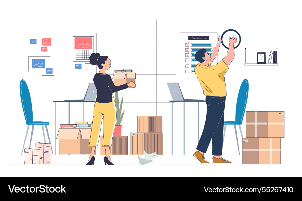Family moving on man and woman cardboard boxes Family moving on man and woman cardboard boxes vector image