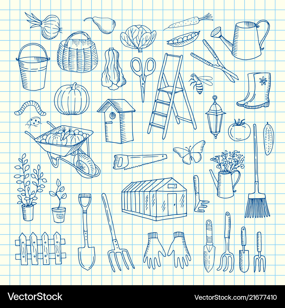 Gardening doodle icons on cell sheet Gardening doodle icons on cell sheet vector image